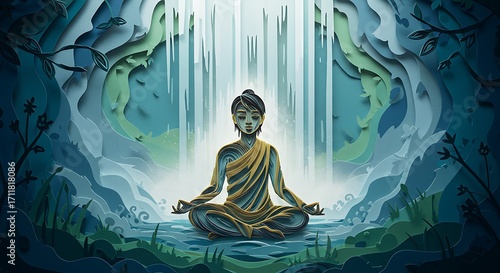 Meditating figure under waterfall illustration