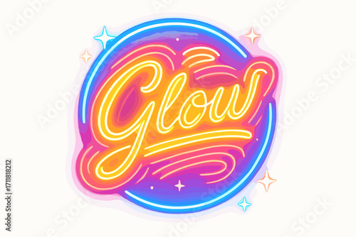 Glow retro neon lettering luminous decorative strokes surrounded by sparkles circular frame composition clean white background vector look high contrast.