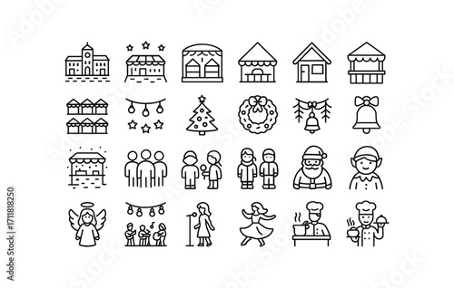 vector outline icons Christmas Markets (Scenes) market square market street market hall market tent market shop market booth market row market lights market tree market wreath market.