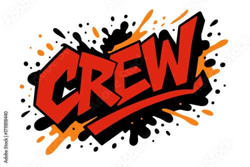Crew graffiti lettering jagged bold tone surrounded by paint splashes diagonal decorative composition clean white background vector look high contrast.
