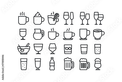 vector outline icons Christmas Food (Drinks) hot chocolate whipped cream marshmallow mug candy cane mug mulled wine red wine white wine champagne glass eggnog glass eggnog jug cider mug tea.