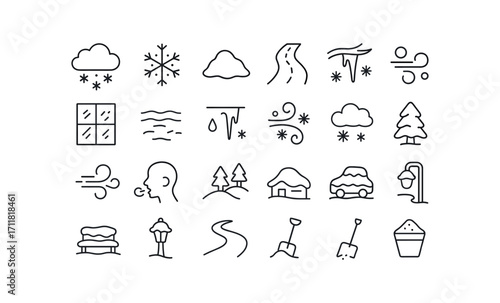 vector outline icons Christmas Symbols (Weather) snow cloud snow falling snow pile snow drift icy road icy branch frosty glass lake icicle drop blizzard swirl snowstorm wave hail stone cold.