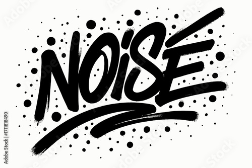 Noise graffiti lettering chaotic thick strokes surrounded by paint dots diagonal decorative composition clean white background vector look high contrast.