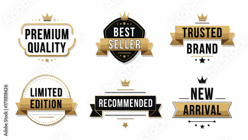 A collection of six golden and black badges and labels signifying premium quality, best seller status, trusted brand, limited edition, recommendation, and new arrival for products.