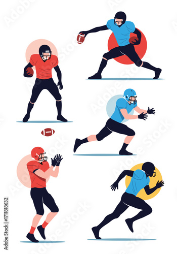 Diverse football players in dynamic action poses displaying athleticism and teamwork.