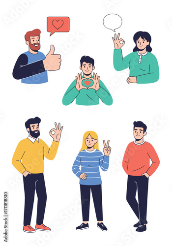 People communicating through gestures and signs with positive affirmation and thought bubbles.