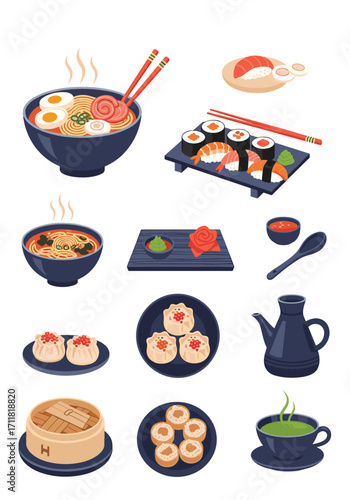 An illustrative collection of delicious japanese and chinese foods with fresh ingredients.
