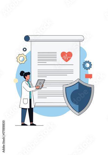 Medical insurance policy document with shield and doctor illustration.