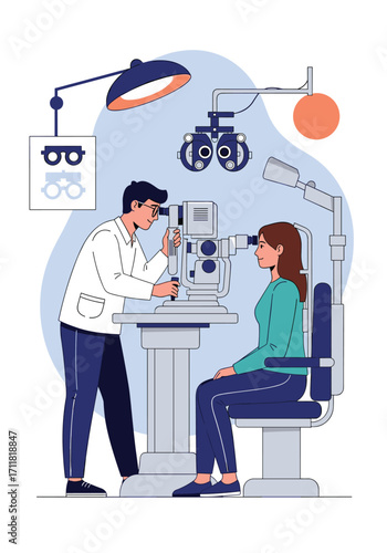 An optometrist performs an eye exam on a patient in a clinic.
