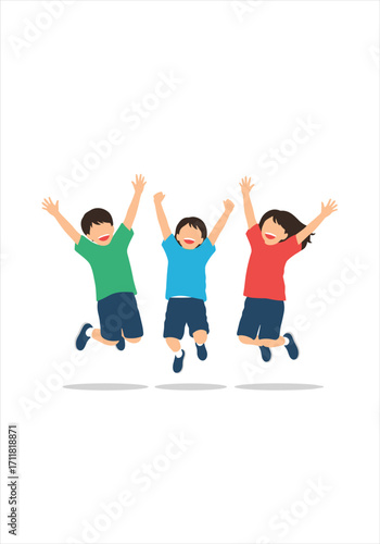 Three happy children jumping up and down together with their arms raised in the air.