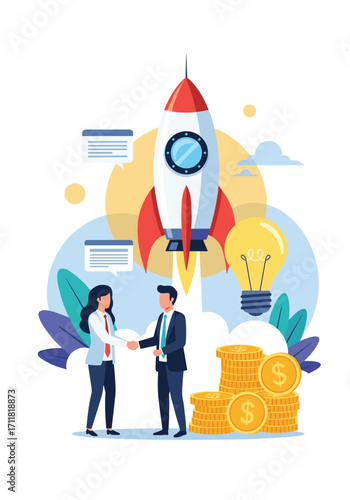 Business partners shake hands as a rocket launches symbolizing growth and success.