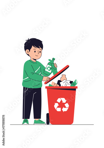 A young boy sorts garbage into a recycling bin for a cleaner planet.