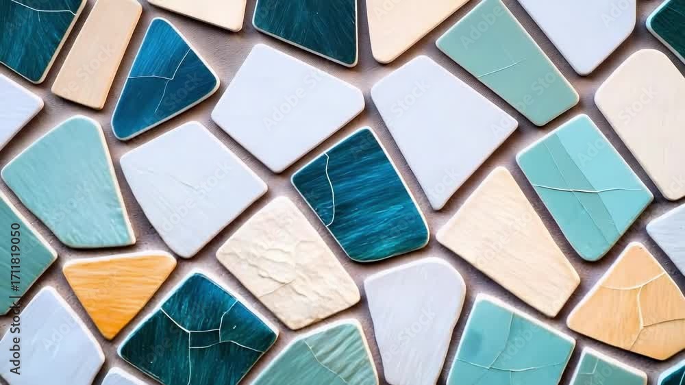 Colorful mosaic of irregular ceramic tiles in blues, teals, greens, creams, and peach.