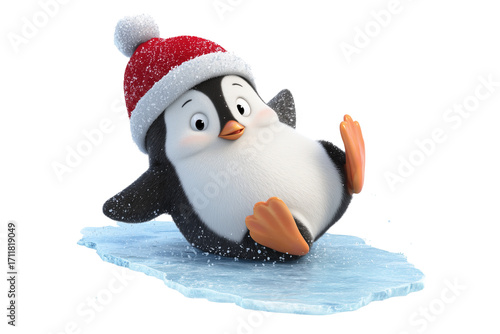 A Christmas penguin sliding on ice, isolated on a transparent background.