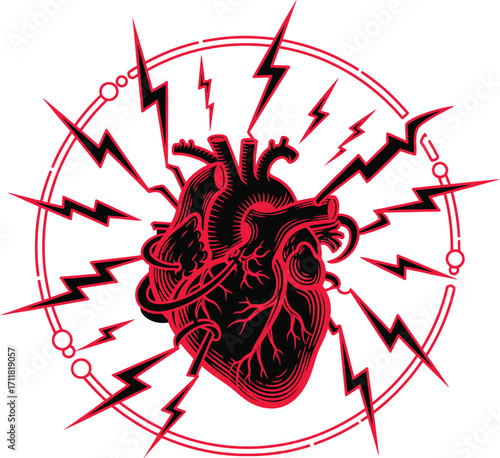 Anatomical illustration of a human heart with electrical energy radiating outwards, in red.