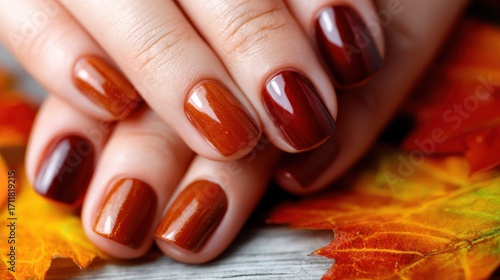 This captivating image showcases a beautiful nail art design featuring warm autumn colors, perfectly manicured nails resting on vibrant fall leaves, evoking seasonal charm.