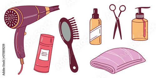 Hair salon vector tools set hair dryer and comb kinds flat illustration set
