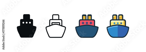 Vector icon transport ship same pose same proportions four styles black solid glyph outline minimal flat multicolor filled cartoon flat shaded.
