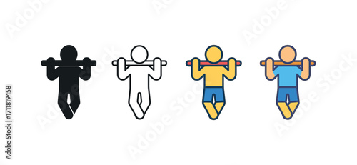 Vector icon fitness pull up bar same pose same proportions four styles black solid glyph outline minimal flat multicolor filled cartoon flat shaded.