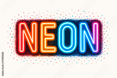 Neon retro neon lettering glowing bold strokes surrounded by glitter dots horizontal balanced layout clean white background vector look high contrast.