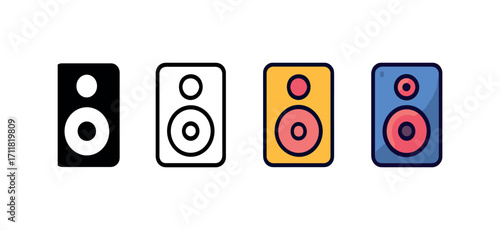 Vector icon music speaker same pose same proportions four styles black solid glyph outline minimal flat multicolor filled cartoon flat shaded.