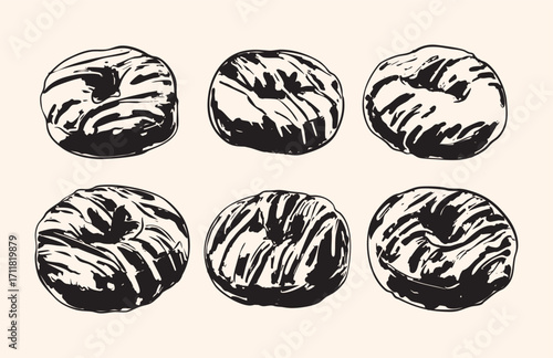 Vintage Black Pumpkin Bagels Illustration Set