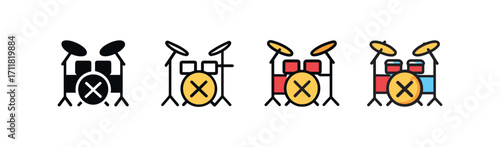 Vector icon music drum set same pose same proportions four styles black solid glyph outline minimal flat multicolor filled cartoon flat shaded.