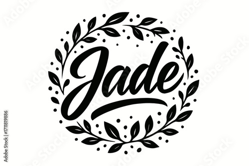 Jade brush lettering smooth bold sweep surrounded by leafy dots circular frame composition clean white background vector look high contrast.