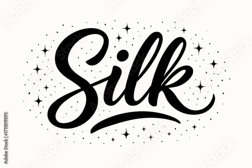 Silk brush lettering smooth flowing line surrounded by shimmer specks horizontal balanced layout clean white background vector look high contrast.