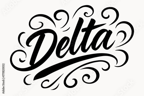 Delta brush lettering swift angled sweep surrounded by airy swirls diagonal decorative composition clean white background vector look high contrast.