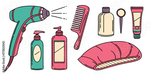 Hair salon vector tools set hair dryer and comb kinds flat illustration set
