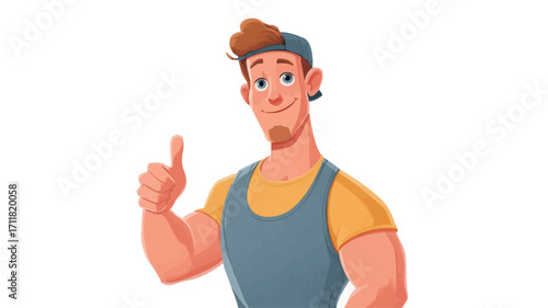 A digital illustration of a cartoon man with short brown hair, wearing a blue sleeveless shirt and a yellow undershirt, and a blue baseball cap.  He has a muscular build and is giving a thumbs-up