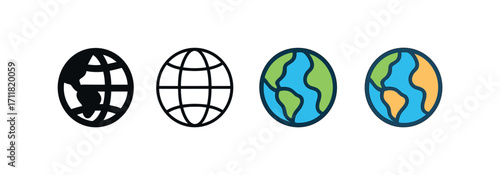Vector icon travel globe same pose same proportions four styles black solid glyph outline minimal flat multicolor filled cartoon flat shaded.