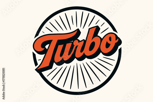 Turbo retro poster lettering thick italic curves surrounded by motion rays circular frame composition clean white background vector look high contrast.