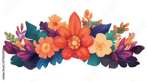 A digital illustration depicting a vibrant floral arrangement. The style mimics watercolor or gouache painting. The arrangement features a central large orange flower surrounded by smaller orange,