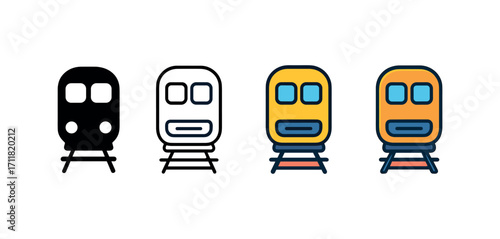 Vector icon travel train same pose same proportions four styles black solid glyph outline minimal flat multicolor filled cartoon flat shaded.