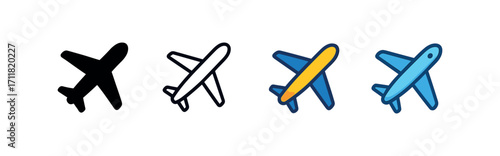 Vector icon travel airplane same pose same proportions four styles black solid glyph outline minimal flat multicolor filled cartoon flat shaded.