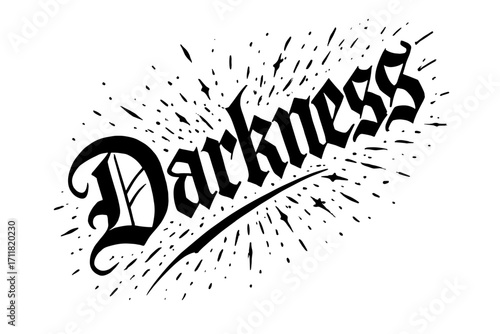 Darkness gothic lettering heavy medieval style surrounded by sparks diagonal decorative composition clean white background vector look high contrast.