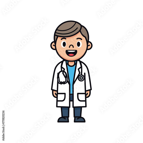 Friendly male doctor character illustration with a stethoscope. Cute cartoon medical professional for healthcare and hospital concepts
