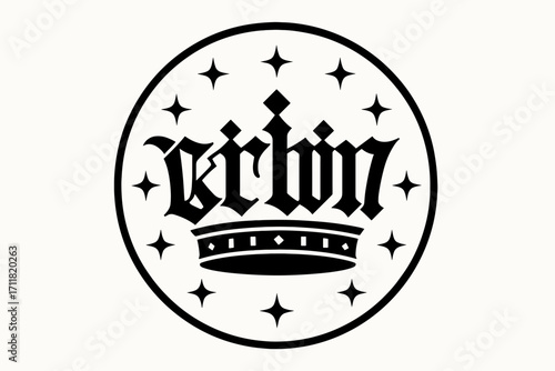 Crown gothic medieval calligraphy regal structured tone surrounded by stars circular frame composition clean white background vector look high contrast.