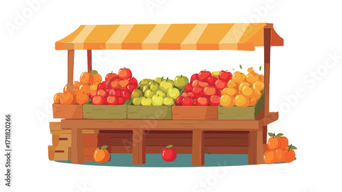 A digital illustration depicting a cartoon-style fruit stand. The stand is made of brown wood with a striped orange awning.  It displays various types of fruit including red apples, oranges