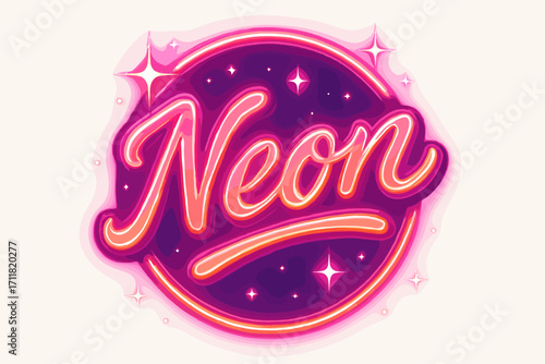 Shiny retro neon calligraphy glowing decorative tone surrounded by sparkles circular frame composition clean white background vector look high contrast.