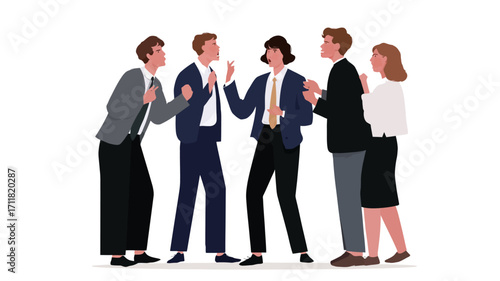 A vector illustration depicting a group of six diverse business professionals engaged in a lively discussion.  The individuals, rendered in a flat, stylized design, are dressed in business attire