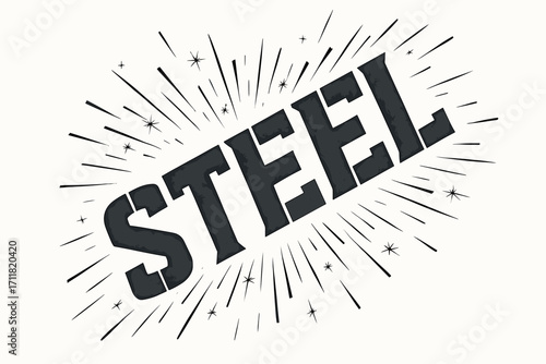 Steel stencil lettering bold sharp cuts surrounded by sparks diagonal decorative composition clean white background vector look high contrast.