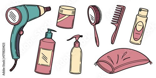 Hair salon vector tools set hair dryer and comb kinds flat illustration set
