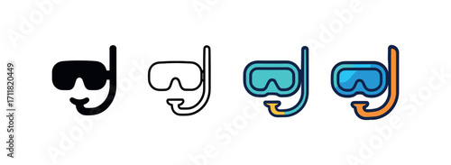 Vector icon diving mask same pose same proportions four styles black solid glyph outline minimal flat multicolor filled cartoon flat shaded.