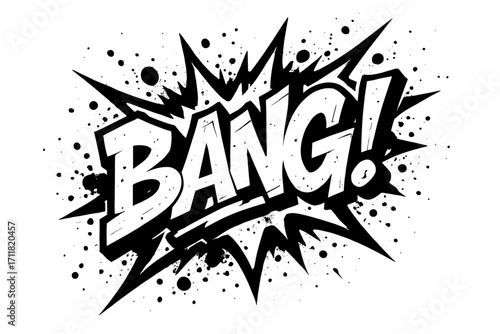 Bang graffiti lettering explosive rough tone surrounded by splatters diagonal decorative composition clean white background vector look high contrast.