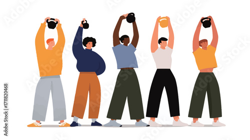 A digital illustration depicting a diverse group of five individuals, three men and two women with varying skin tones, standing in a row. Each person is holding a kettlebell overhead with both