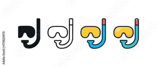Vector icon diving snorkel same pose same proportions four styles black solid glyph outline minimal flat multicolor filled cartoon flat shaded.