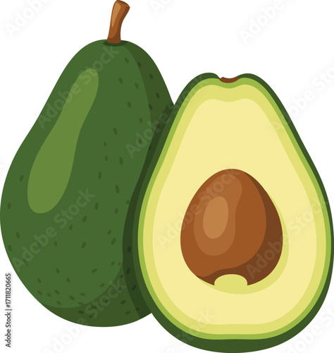 Avocado Whole and Halved Fresh Fruit Illustration